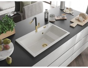 Mexen Omar, 1-komorový granitový drez 800x480x210 mm, biela, zlatý sifón, 6520801005-20-G