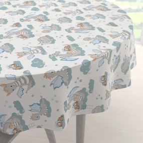 Biante Detský bavlnený okrúhly obrus Sandra SA-689 Dráčikovia s medvedíkmi na modrozelených obláčikoch na bielom Ø 150 cm