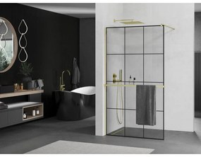 Mexen Kioto+, sprchová zástena s poličkou a držiakom na uteráky 100 x 200 cm, 8mm číre sklo vzor čierny, zlatý profil, 800-090-121-50-77