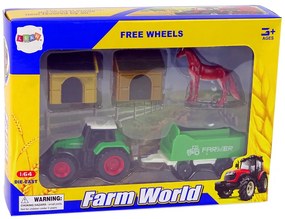 Lean Toys Zelený traktor s vlečkou + Farma s koňom 1:64