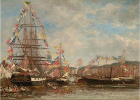 Sklenený obraz - Eugène Boudin, Festival in the Harbor of Honfleur, reprodukcia (70x50 cm)