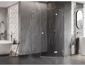 Mexen Lunar, L pravý výklopný päťuholníkový sprchový kút 90 x 100 cm, 8mm číre sklo, chrómový profil, 831L-090P-100L-01-00-P