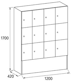 Drevená šatníková skrinka s odkladacími boxami, 12 boxov, 1700 x 1200 x 420 mm, cylindrický zámok, buk
