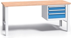 Pracovný stôl do dielne G3 so závesným boxom na náradie, buková škárovka, 3 zásuvky, pevné kovové nohy, 1700 mm, modrá