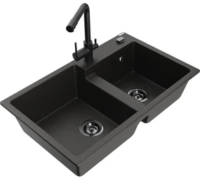 Mexen Tomas, granitový drez 800x500x190 mm, 2-komorový a čierna batéria Duero, čierna - zlatá metalíza, 6516-75-671600-70-B