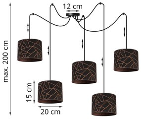 Závesné svietidlo Werona Spider, 5x čierne textilné tienidlo so vzorom, g