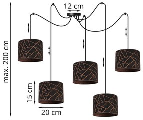 Závesné svietidlo Werona spider, 5x čierne textilné tienidlo so vzorom, g