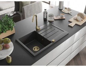Mexen Bruno, granitový drez 795x495x200 mm, 1-komorový, čierna škvrnitá so zlatým sifónom, 6513791010-76-G