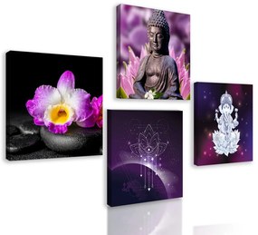 Set obrazov symboly Feng Shui vo fialových farbách