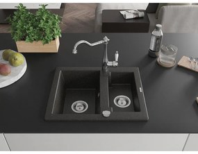Mexen Carlos, granitový drez 582x475x177 mm, 1,5-komorový a drezová batéria Carla, čierna-zlatá metalíza, 6518-75-670700-00