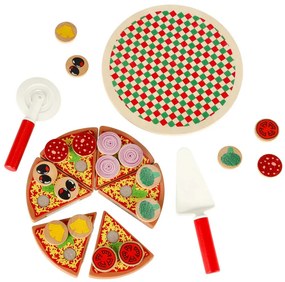 KIK Drevená hracia súprava Pizza s príslušenstvom na krájanie a zdobenie, 27 ks