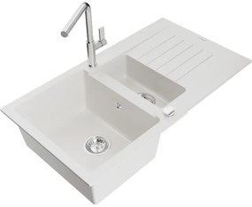 Mexen Matias, 1,5-komorový granitový drez 900x505x200 mm a drezová batéria Flora, biela, 6502-20-670401-00