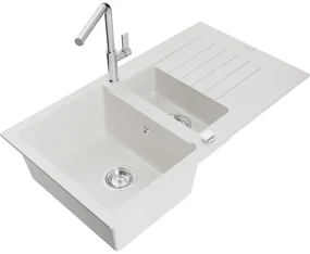 Mexen Matias, 1,5-komorový granitový drez 900x505x200 mm a drezová batéria Flora, biela, 6502-20-670401-00