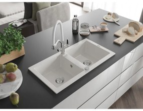 Mexen Mario, granitový drez 820x436x161 mm, 2-komorový a drezová batéria Duo, biela, 6504-20-671701-02
