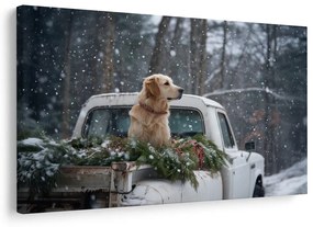 Obraz vianočný pes na zasneženej korbe