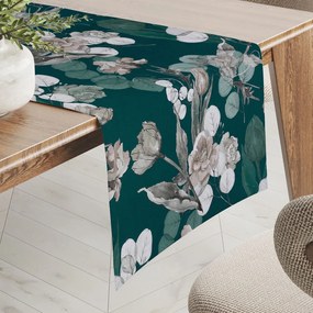 Biante Teflónový behúň na stôl TF-058 Kvety s eukalyptom na tmavo zelenom 35x140 cm