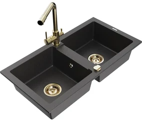 Mexen Mario, 2-komorový granitový drez 820x436x161 mm a zlatá drezová batéria Duero, čierna škvrnitá, 6504-76-671600-50