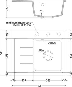 Mexen Ben Granitový kuchynský drez 1-komorový s odkvapkávačom, pravý 600 x 500 mm, biely, chrómový sifón