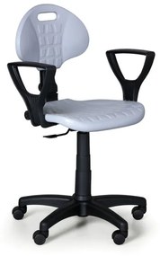Pracovná stolička PUR s podpierkami rúk, permanentný kontakt, pre tvrdé podlahy, sivá