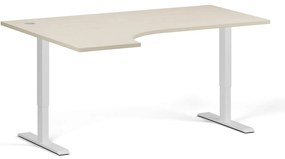 Rohový výškovo nastaviteľný stôl, 160x120 cm, 2 motory, L/P, biela podnož, breza