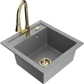 Mexen Vito, 1-komorový granitový drez 490x520x210 mm a drezová batéria Elia, šedá, 6503-71-670101-50