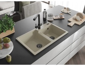 Mexen Tomas, granitový drez 800x500x190 mm, 2-komorový a čierna batéria Duero, béžová, 6516-69-671600-70
