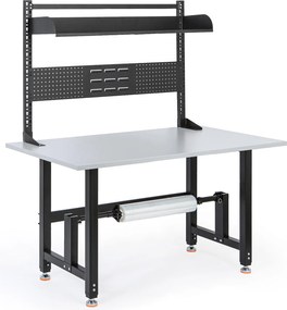 Výškovo nastaviteľný baliaci stôl PROFI, 1400 × 800 × 790–940 mm s s nadstavbou a držiakom role