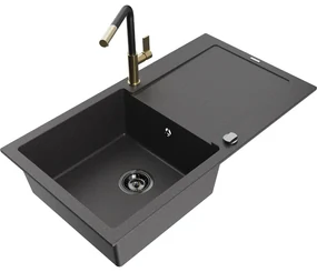 Mexen Leo, 1-komorový granitový drez 900x500x190 mm a drezová batéria Flora, čierna škvrnitá, 6501-76-670401-57-B