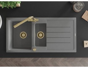 Mexen Andres, granitový drez 1000x500x200 mm, 1,5-komorový + zlatá batéria Duero, šedá, 6515-71-671600-50