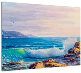 Sklenený obraz vĺn narážajúcich na útesy, olejomaľba (70x50 cm)
