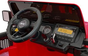 Ramiz Jeep Wrangler Rubicon na batérie pre deti červený + diaľkové ovládanie + rádio MP3 LED + kolesá EVA