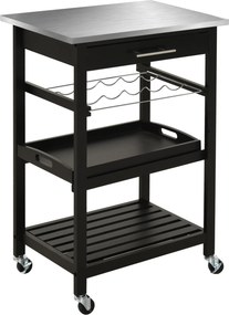 HOMCOM Kuchynský vozík s úložným priestorom na fľaše 60L x 40W x 85H cm s nerezovou vrchnou lištou. Čierny | Aosom