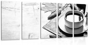 5-dielny obraz šálka kávy v jesennom nádychu v čiernobielom prevedení - 200x100