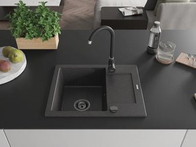 Mexen Enzo, granitový drez 576x465x174 mm, 1-komorový, čierna-škvrny s čiernym sifónom, 6506571005-76-B