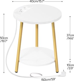 Okrúhly odkladací stolík Vasagle Luretta 40 cm s nabíjacou stanicou biely/zlatý