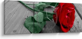 Obraz - Červená ruža so zelenou stonkou (s hodinami) (90x30 cm)