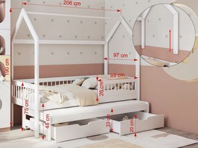 Detská domčeková posteľ z masívu borovice ASHER II so šuplíkmi a prístelkou - 200x90 cm - prírodná borovica