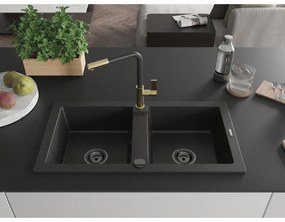 Mexen Mario, 2-komorový granitový drez 820x436x161 mm a drezová batéria Flora, čierna-strieborná metalíza, 6504-73-670401-57-B