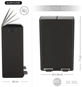 Matne čierny oceľový odpadkový kôš 2x30 l na triedený odpad/nášľapný Aliya – Spirella