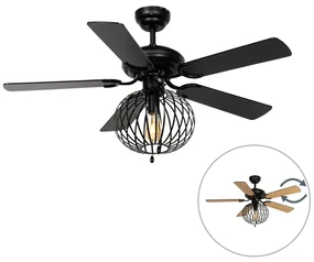 Stropný ventilátor čierny s drevenou potlačou 107,5 cm s ťahovým spínačom - Mistral Johanna