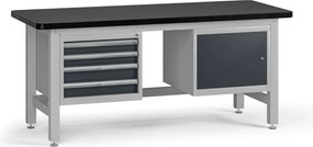 Pracovný stôl do dielne G4 so závesným boxom a skrinkou na náradie, MDF + PVC doska, 4 zásuvky, 1 skrinka, 1800 x 750 x 800 mm, grafit
