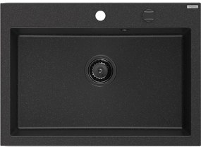 Mexen Elix, 1-korový granitový drez 700 x 500 mm, čierna/strieborná metalíza, čierny sifón, 6526701005-73-B