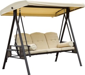 Outsunny Záhradný hojdačka pre 3 osoby s baldachýnom a vankúšom, kovový polyester béžová+hnedá 121 x 208 x 172 cm | Aosom