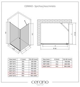 Cerano Antelo, 1-krídlový sprchovací kút 100(dvere) x 90(stena) x 190 cm, 6mm číre sklo, čierny profil, CER-CER-433992