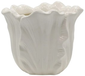 Krémový obal na kvetináč so vzorom listov Fayence - Ø 18*16 cm