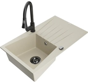 Mexen Cesar, 1-komorový granitový drez 775x470x190 mm a drezová batéria Elia, béžová, 6514-69-670101-70