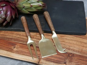 3ks zlatá sada na syry s drevenou rukoväťou Cheese - 17cm