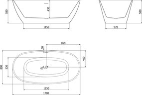 Mexen Eris, voľne stojaca vaňa 170 x 80 cm, čierna,  chrómový prepad, 53441708070-01