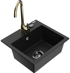Mexen Milo, 1-komorový granitový drez 435x410x171 mm a zlatá batéria Telma, čierna, 6505-77-670200-50-B