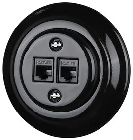 Bohemia-Design - Porcelánová retro ethernetová zásuvka s rámčekom 2× CAT5e čierna